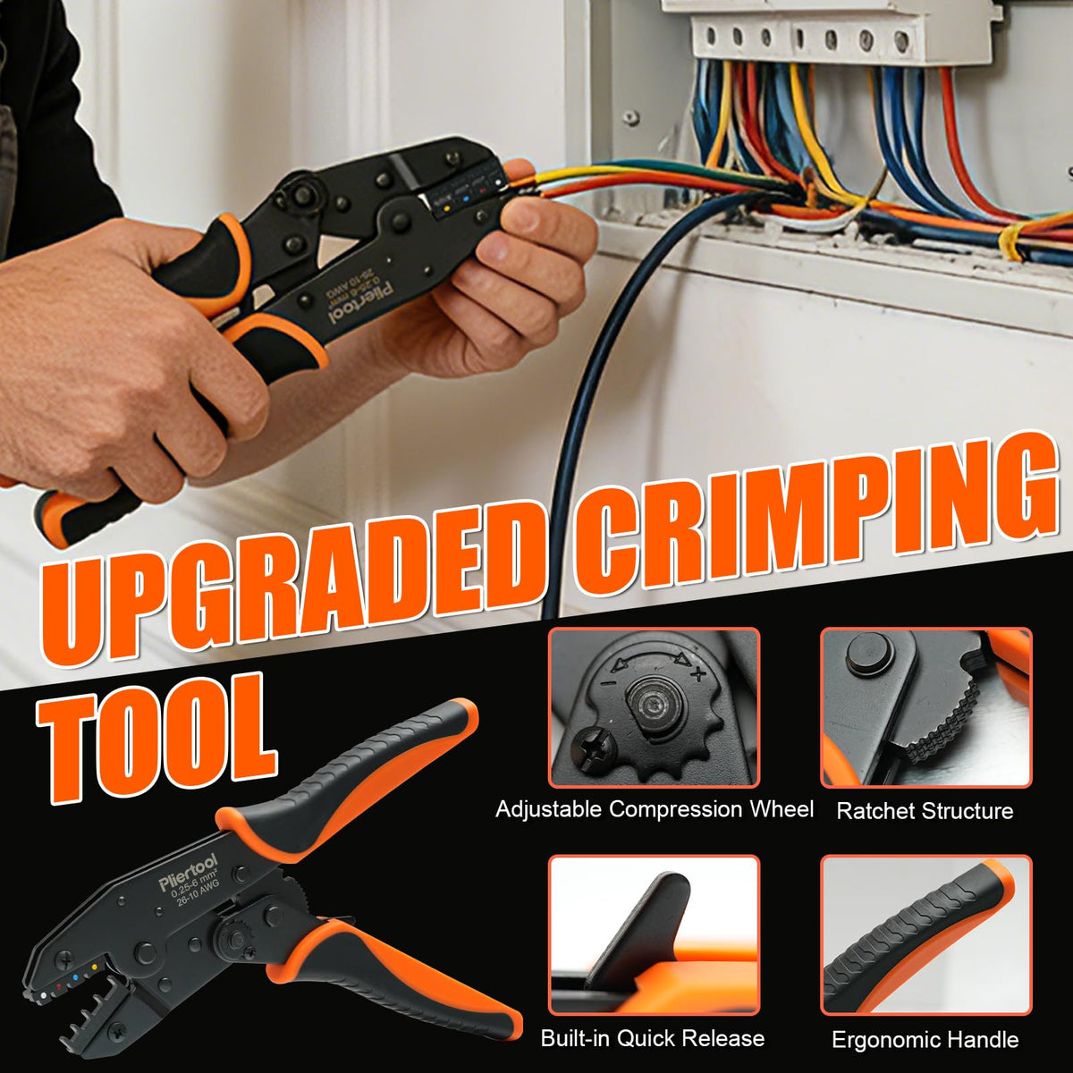 Pliertool crimping tool offers four color options for precise wiring setups.