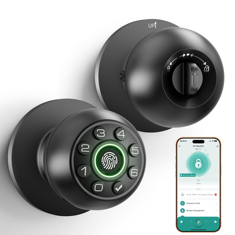 PLOLRELM fingerprint door lock front view showing rapid entry and security.