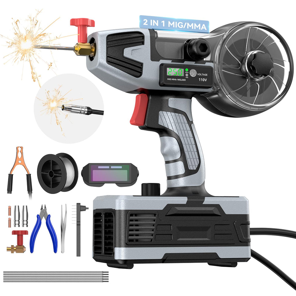 PLOWIC 2-in-1 MIG/MMA welder front view shows portable design for on-site repairs.