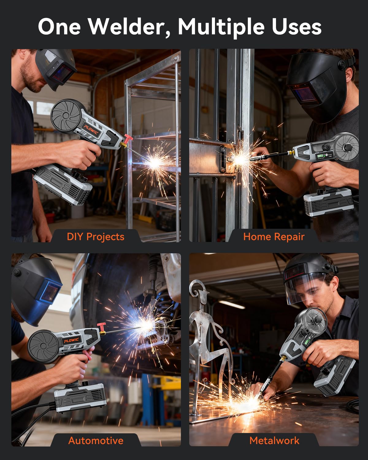 PLOWIC MIG welding with flux-core 0.8 mm wire for thin metal tasks.