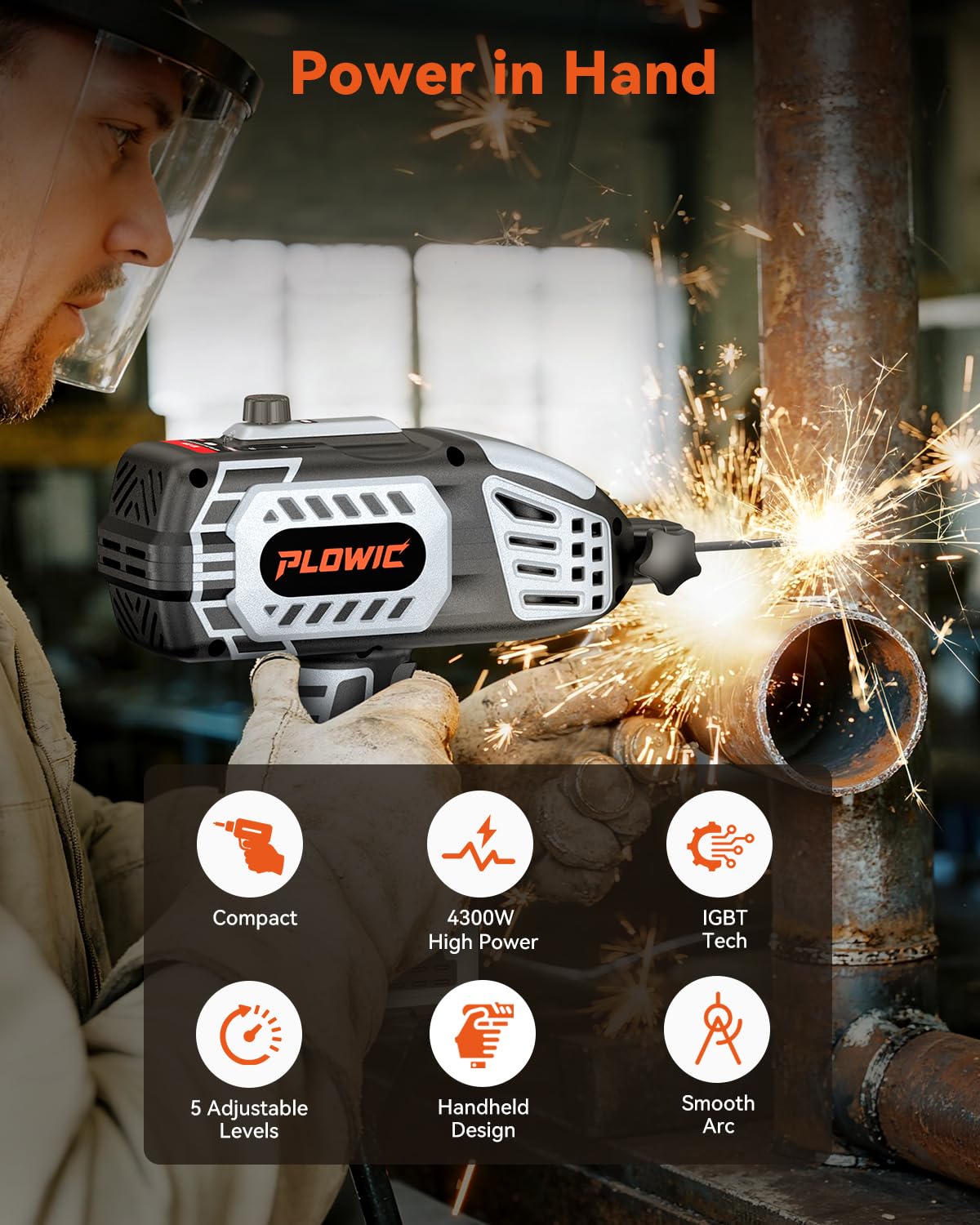 PLOWIC handheld welder gun with IGBT inverter delivering smooth arc starts.