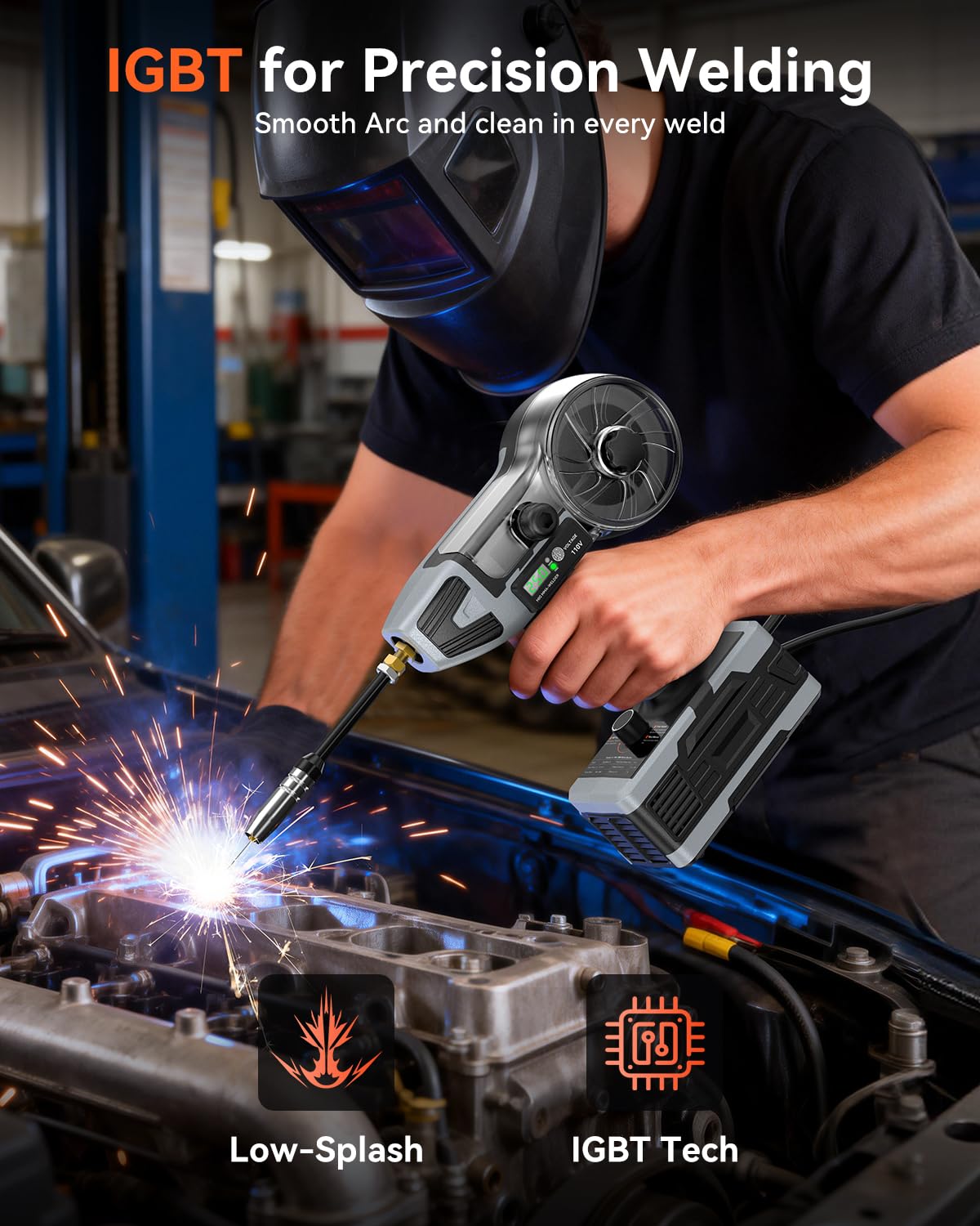 PLOWIC lightweight welder held in one hand for hard-to-reach spots.