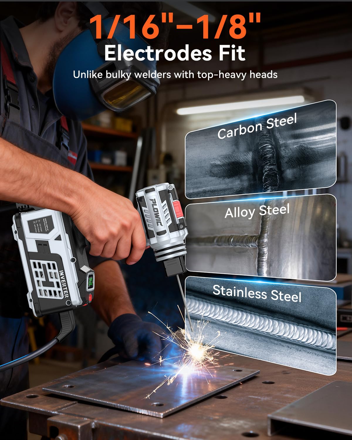 PLOWIC three-mode interface enables quick MMA, hot start, and arc force adjustments.