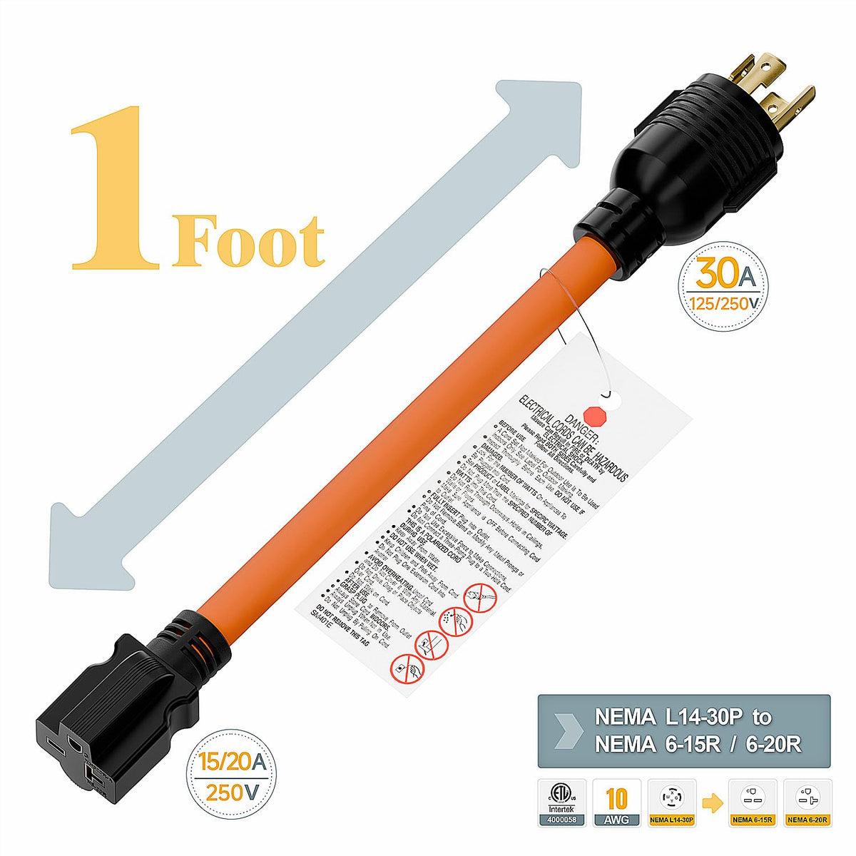 Plugrand 1ft STW 10AWG cord close-up showing sturdy construction.