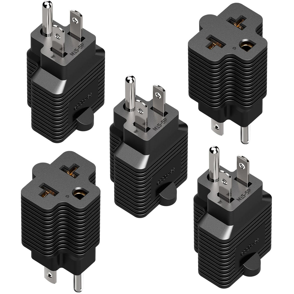 Plugrand 5-pack 4-in-1 adapter close-up showing versatile outlet compatibility