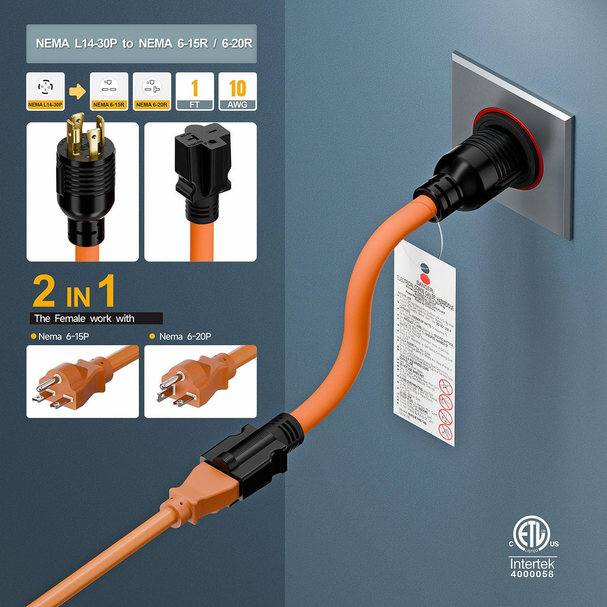 Plugrand outdoor power cable with molded jacket for rugged use.