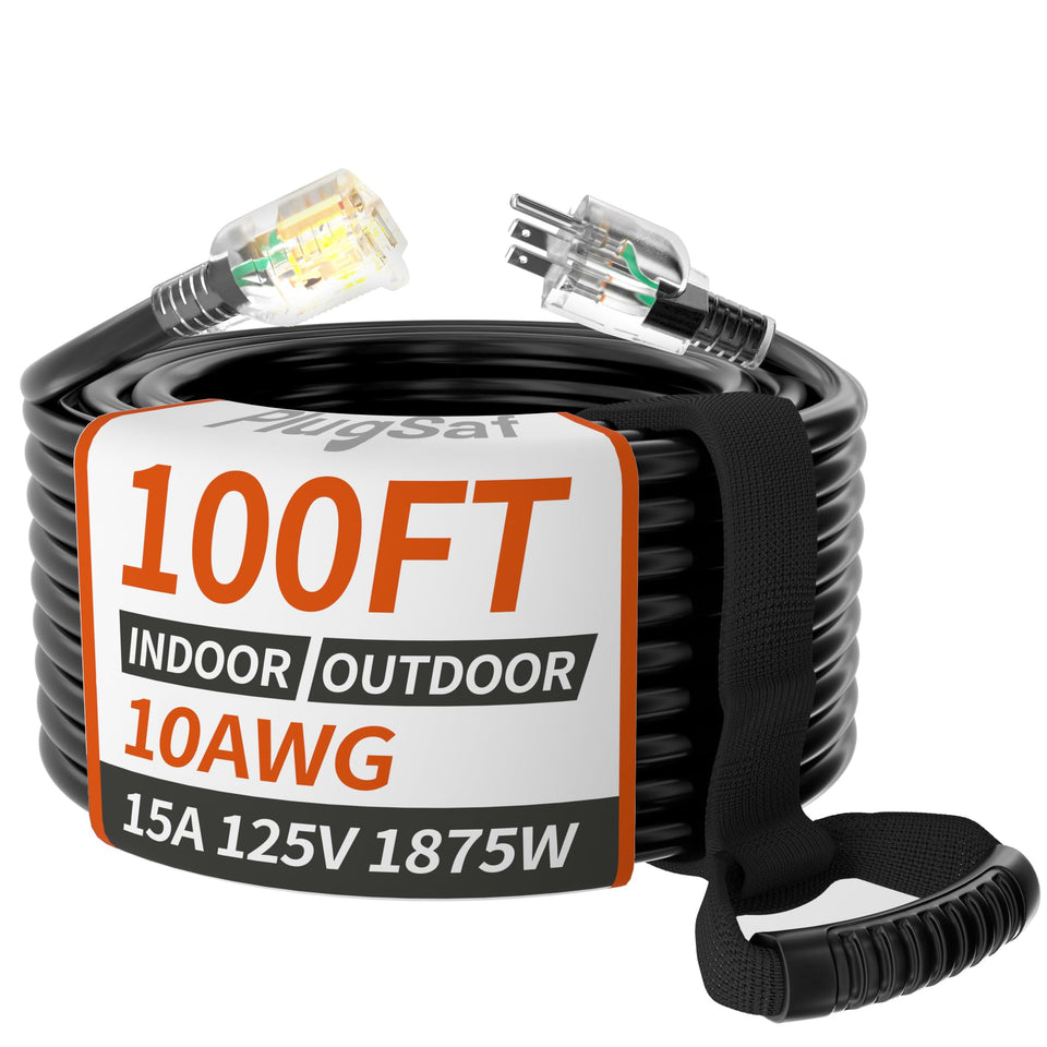 PlugSaf 100ft extension cord with 10 AWG for long outdoor power reach