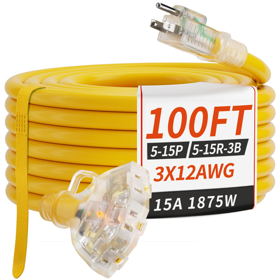 PlugSaf 100 ft yellow outdoor extension cord with long reach for outdoor power needs.