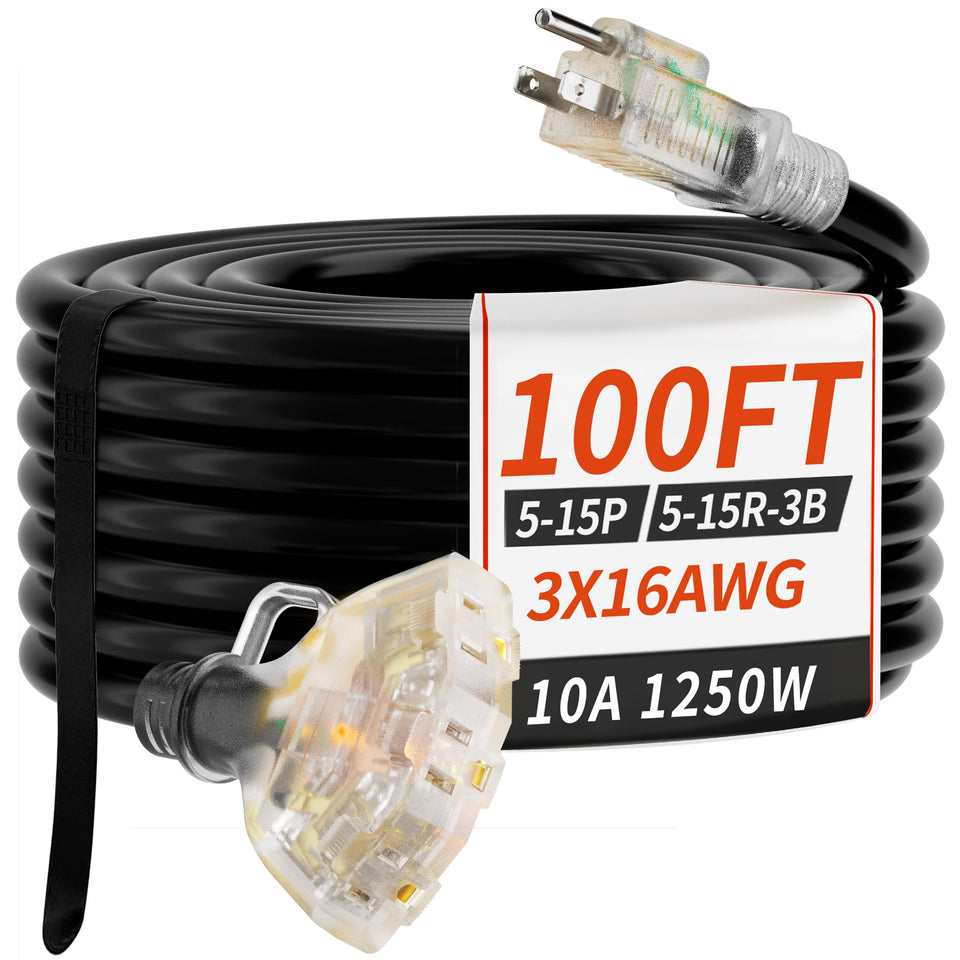 PlugSaf 100 ft outdoor extension cord with three outlets for outdoor power access