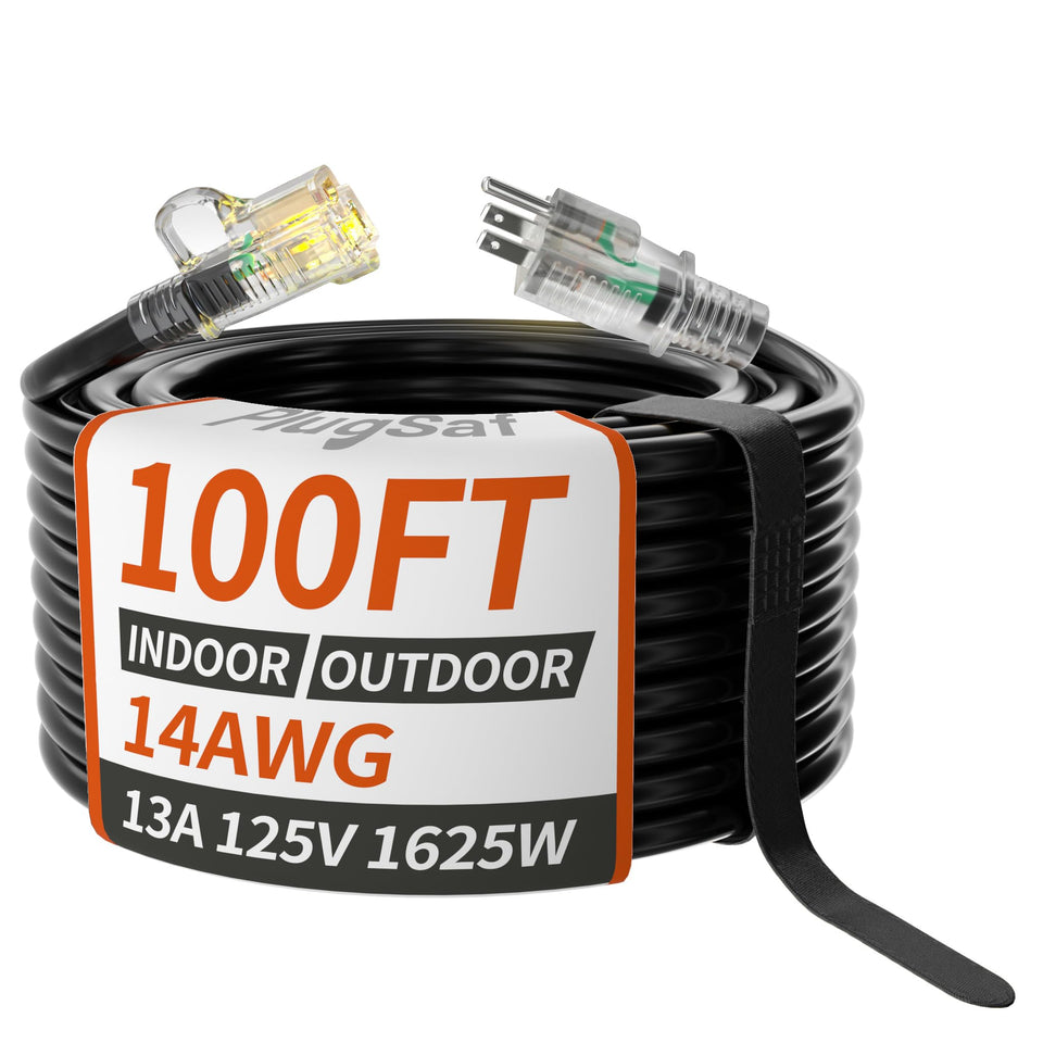 PlugSaf 100 ft outdoor extension cord ready for long-range outdoor power