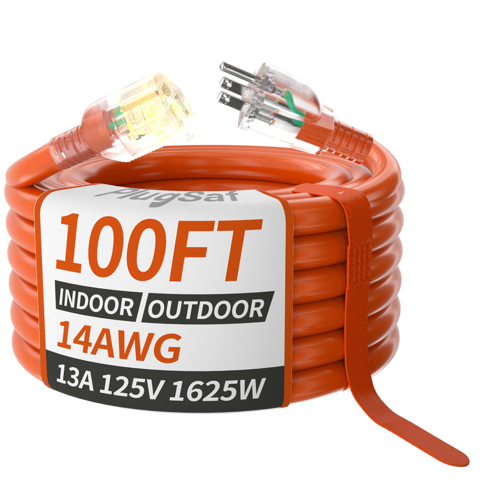 PlugSaf 100 ft outdoor extension cord stretched for landscaping tasks.