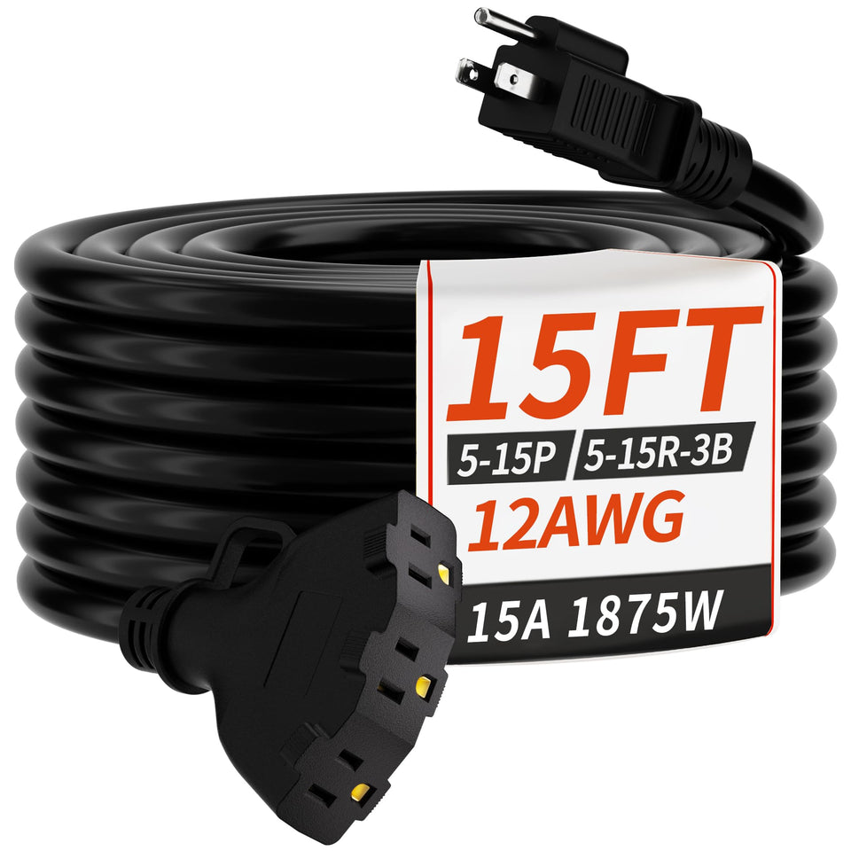 PlugSaf 15ft 12-gauge outdoor extension cord with three outlets for versatile outdoor power