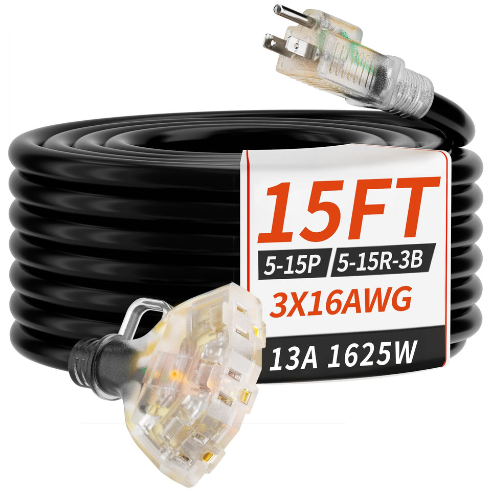PlugSaf 15 ft outdoor extension cord with three outlets and LED indicator for quick power status