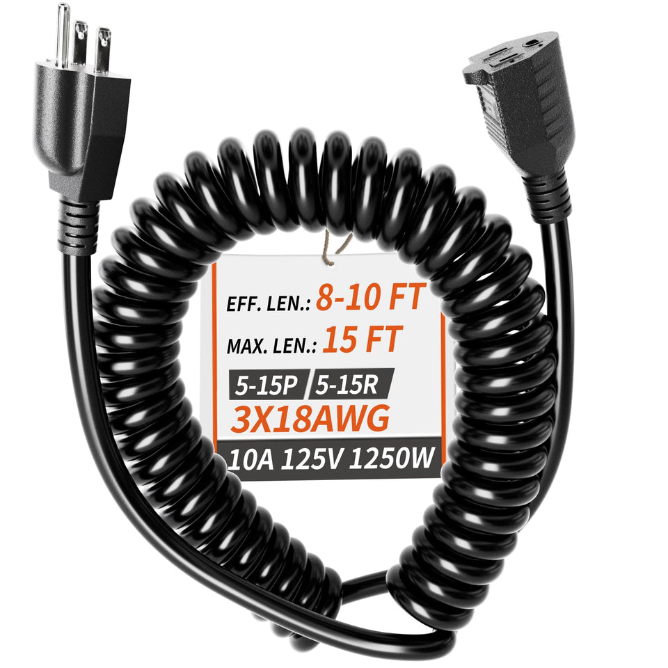 PlugSaf 18-3 gauge coiled extension cord for indoor use powering devices safely.