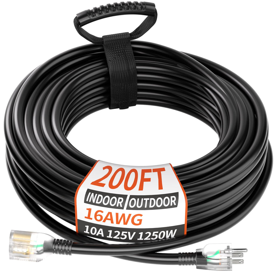 PlugSaf 200 ft outdoor extension cord in black for weatherproof lawn use