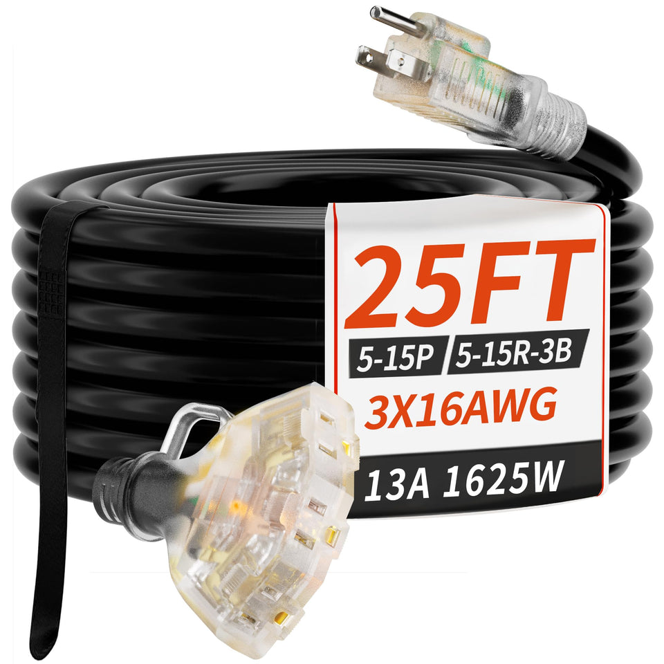 PlugSaf 25 ft outdoor extension cord with LED indicator for quick power checks.