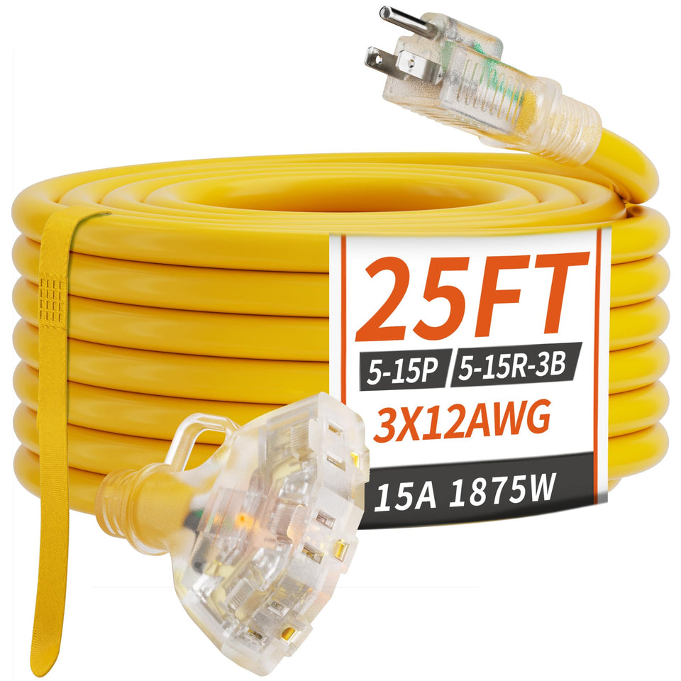 PlugSaf 25 ft outdoor extension cord in use for outdoor setup with three outlets