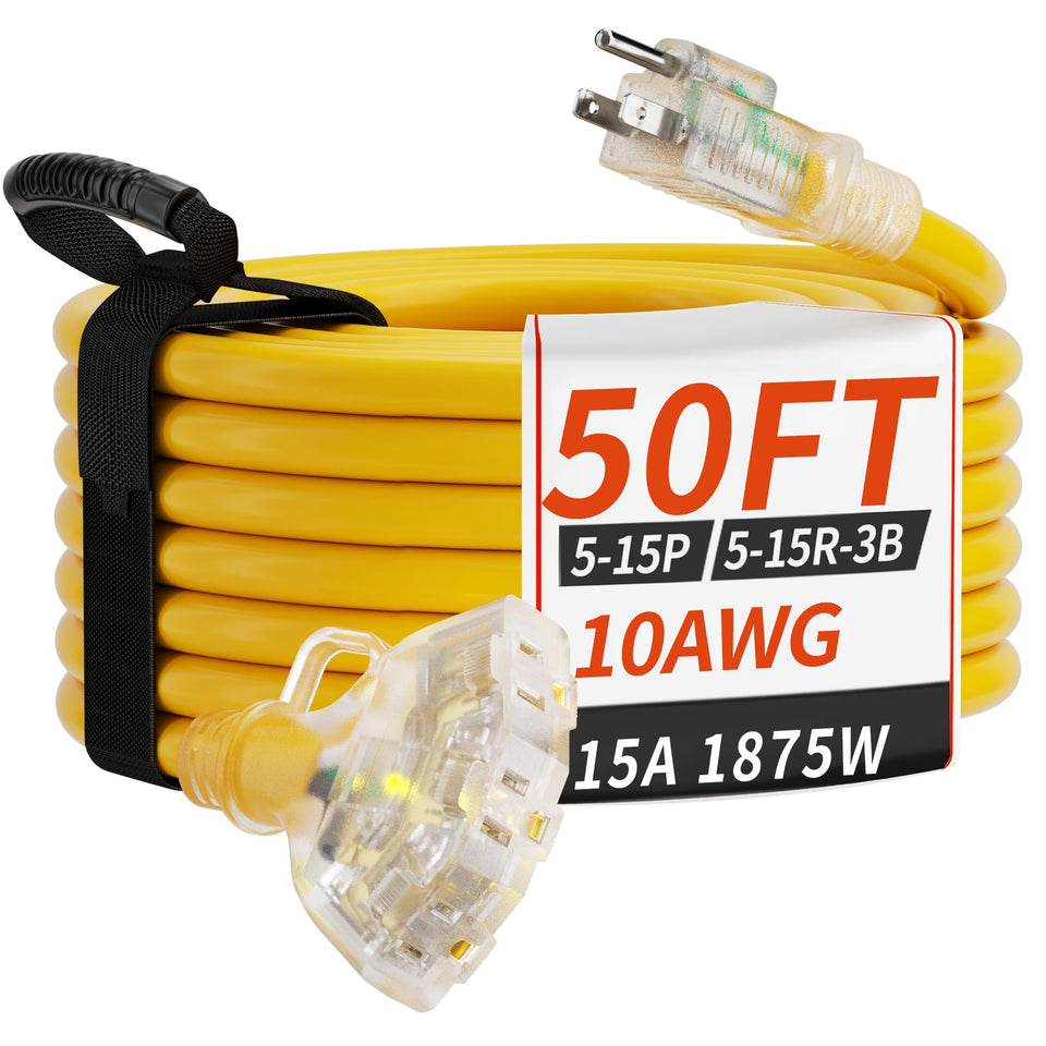 PlugSaf 50 ft outdoor extension cord with three outlets in yellow for powering multiple tools outdoors