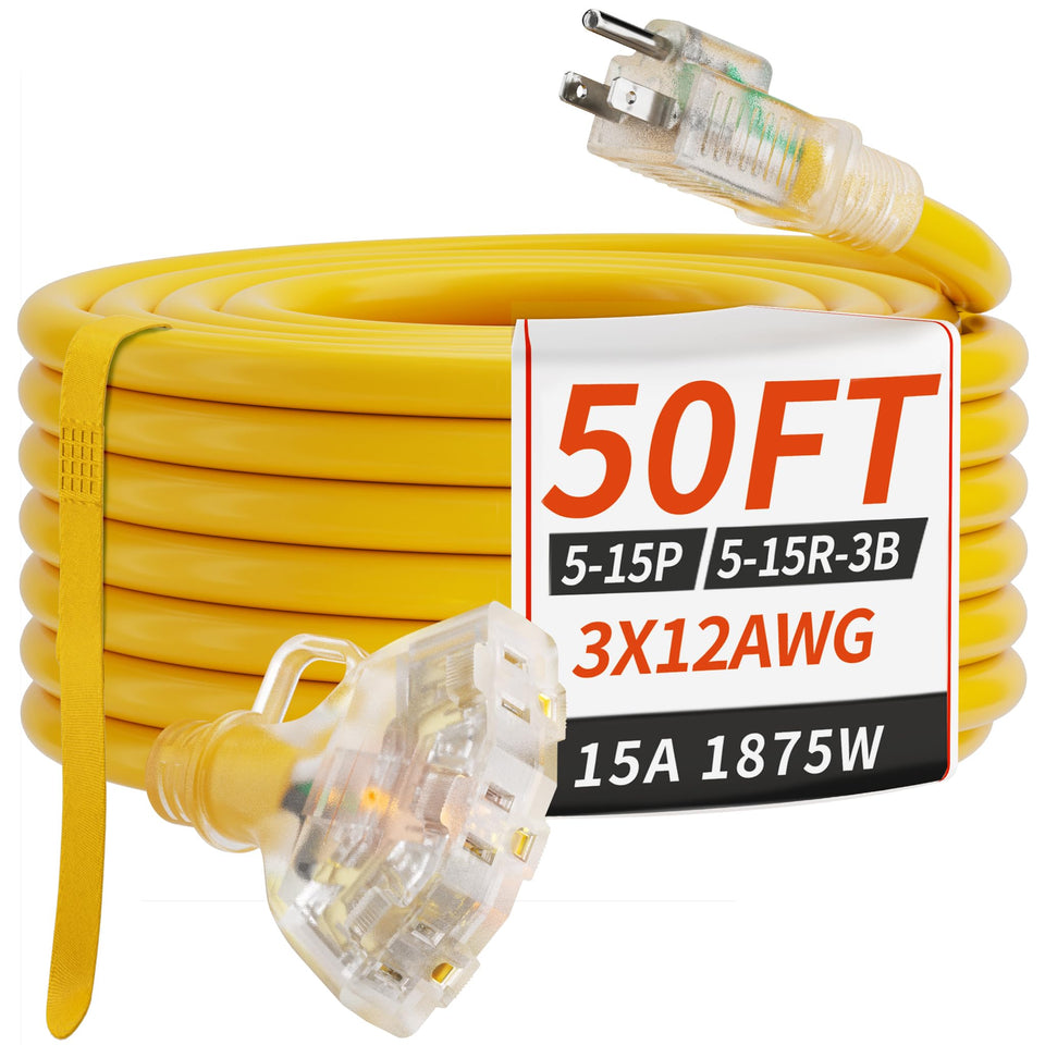 PlugSaf 50 ft outdoor extension cord with three outlets for powering multiple devices outdoors