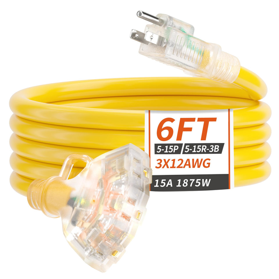 Plugsaf 6ft outdoor extension cord with three outlets and ready for outdoor use.