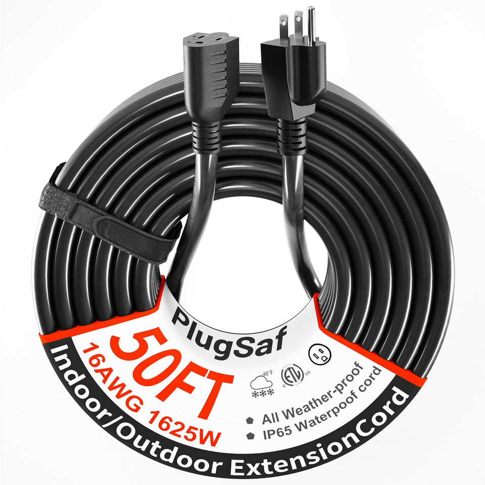 PlugSaf black outdoor extension cord 50ft in coil for easy storage and quick deployment.