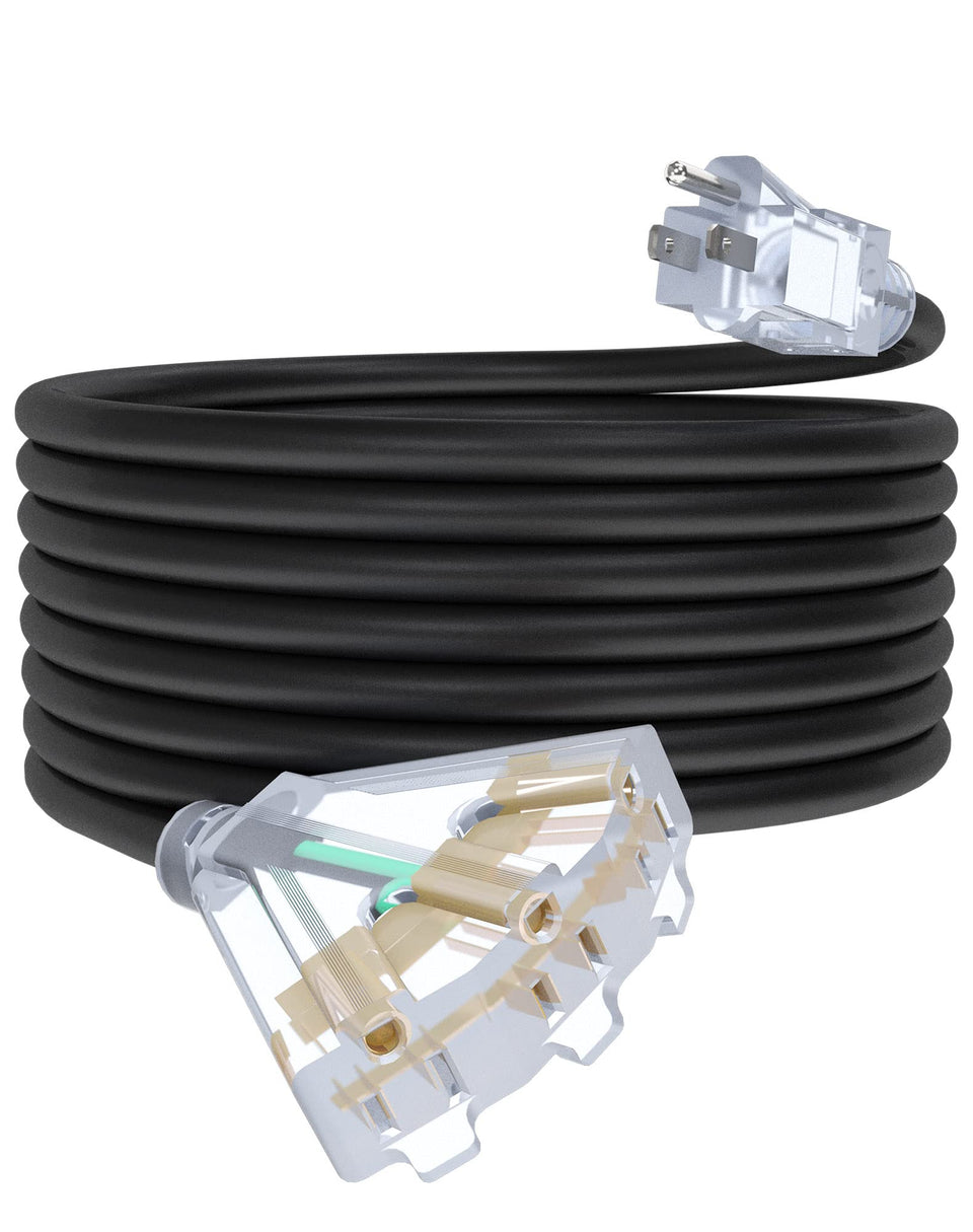 PLUGTUL 25ft outdoor extension cord with three outlets for garage and garden use.