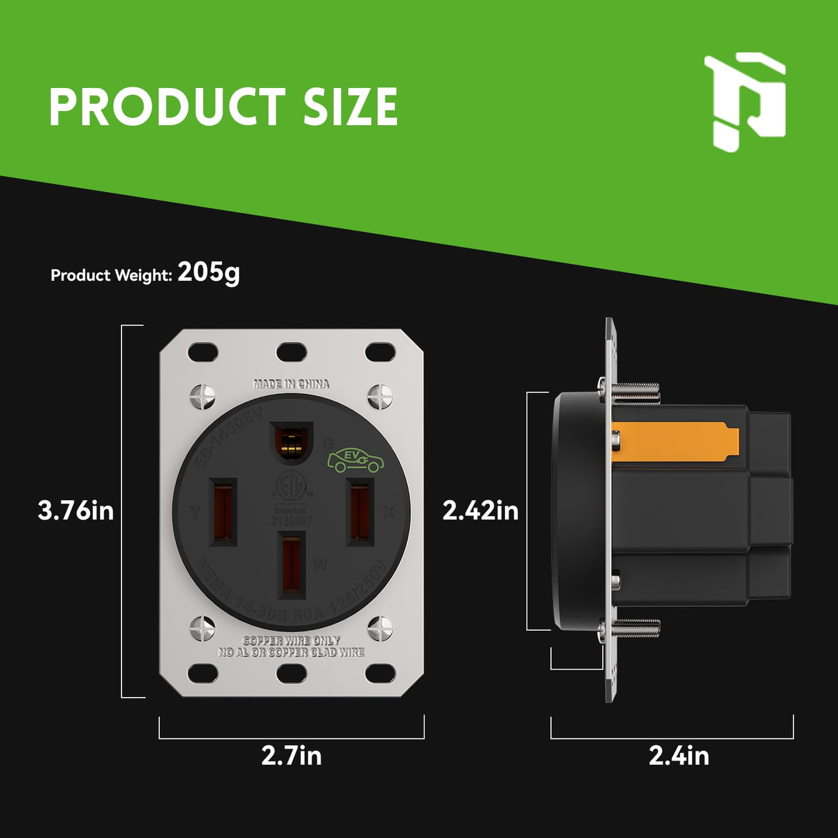 PLUGTUL NEMA 14-50R ETL certified for safe, reliable operation.