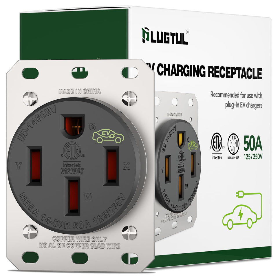 PLUGTUL NEMA 14-50R outlet ready for 50A EV charging at 125/250V.