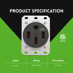 PLUGTUL NEMA 14-50R wall plate included for a clean, secure installation.