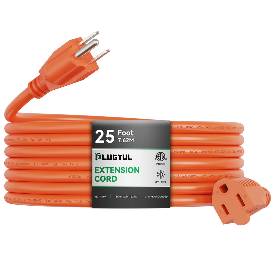 PLUGTUL outdoor extension cord 25ft orange for visible yard setup.
