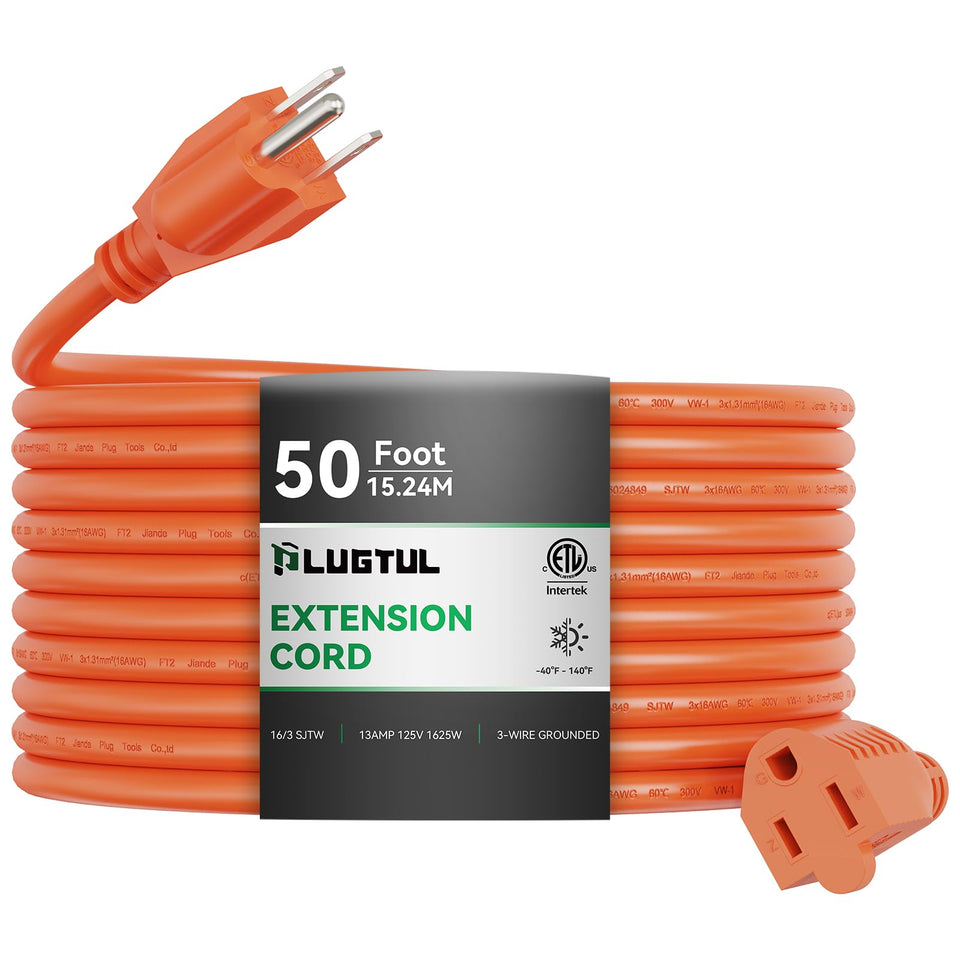 PlugTUL outdoor extension cord 50 ft in bright orange for outdoor readiness.