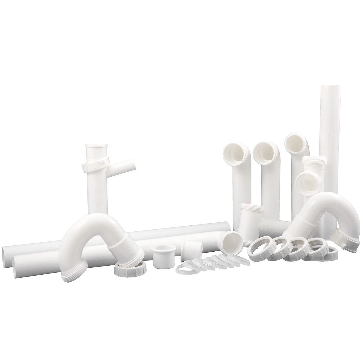 PlumbCraft Waxman 27-piece drain kit with versatile installation options for kitchen sinks.