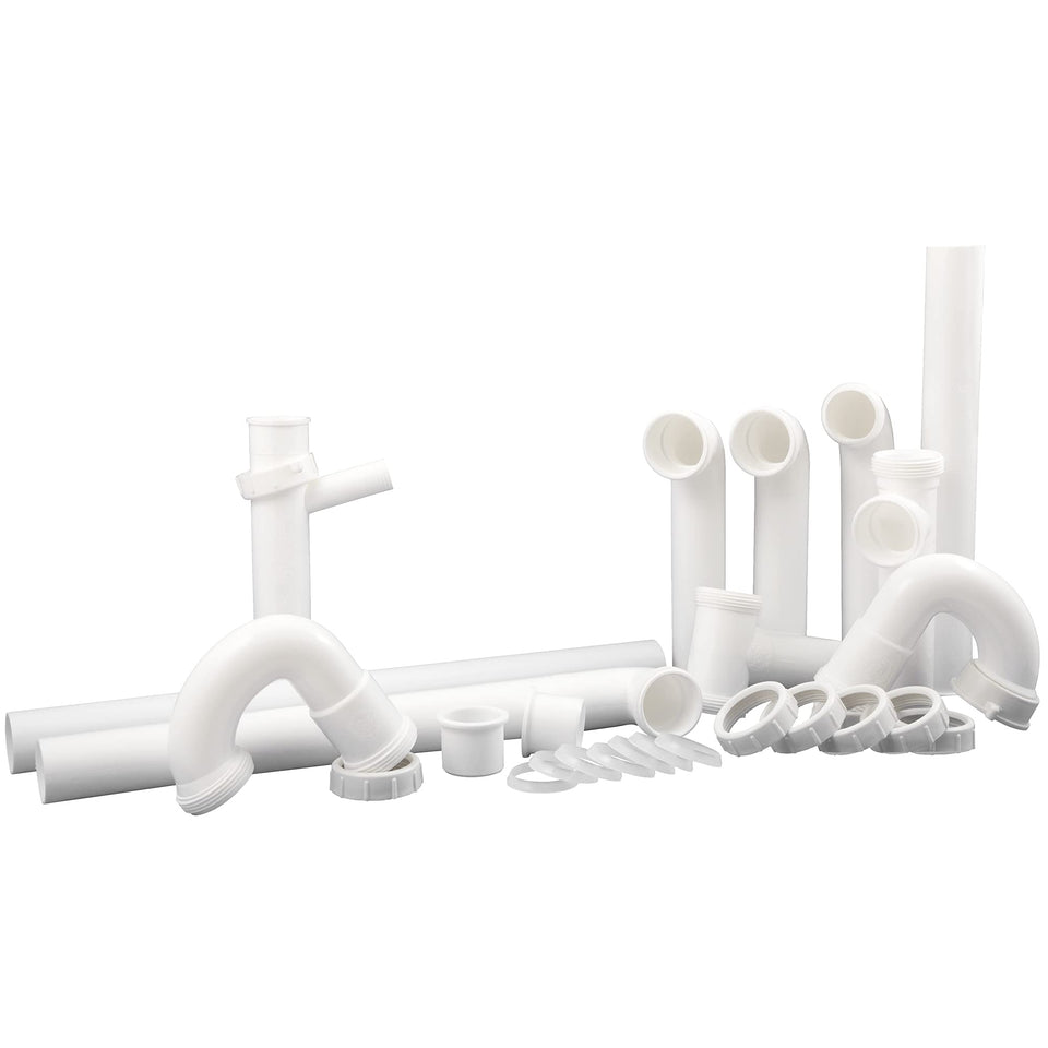 PlumbCraft Waxman 27-piece drain kit with versatile installation options for kitchen sinks.