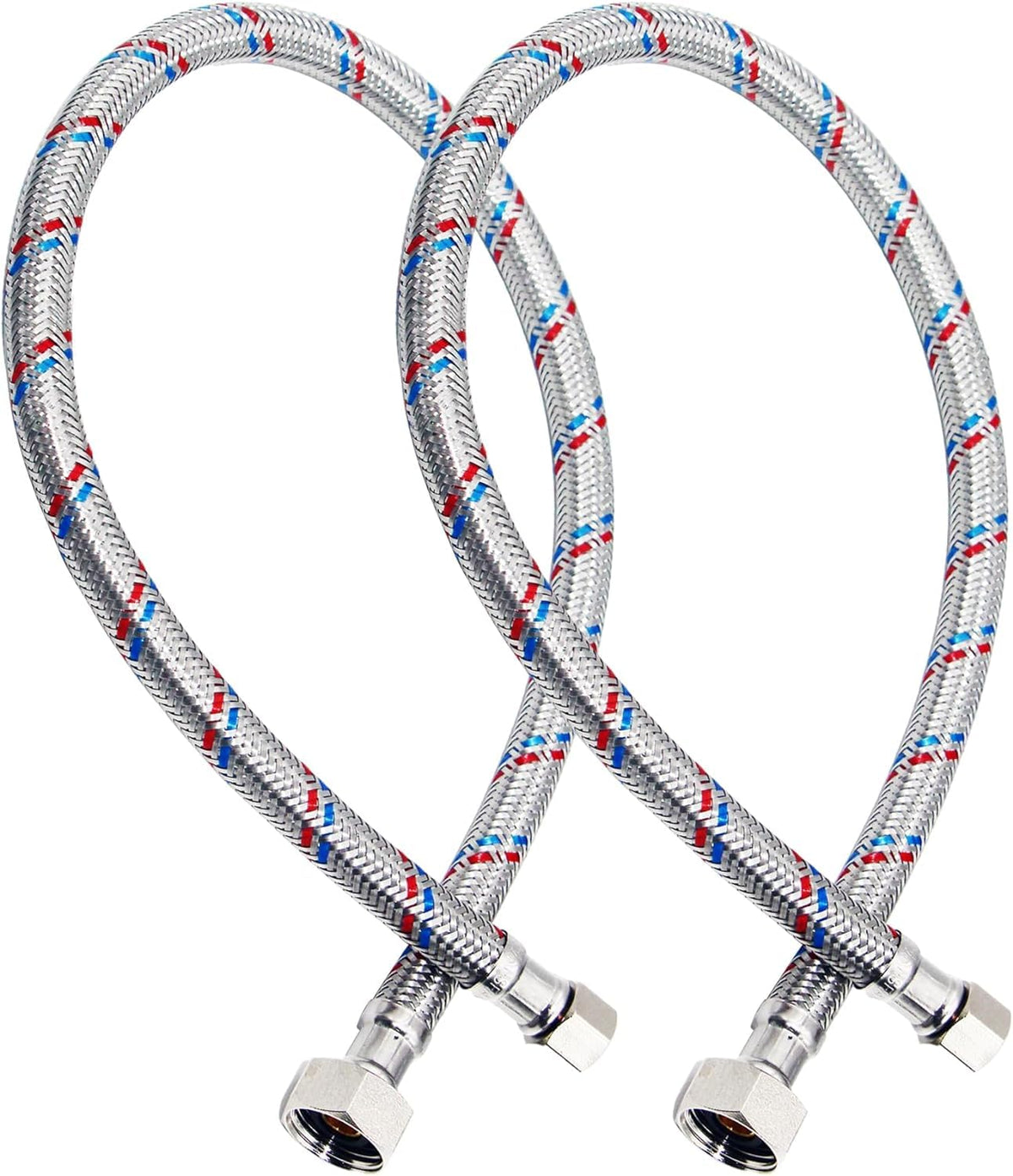 PLUMBINGMASTER 24inch faucet hose connector close-up showing braided stainless steel durability.
