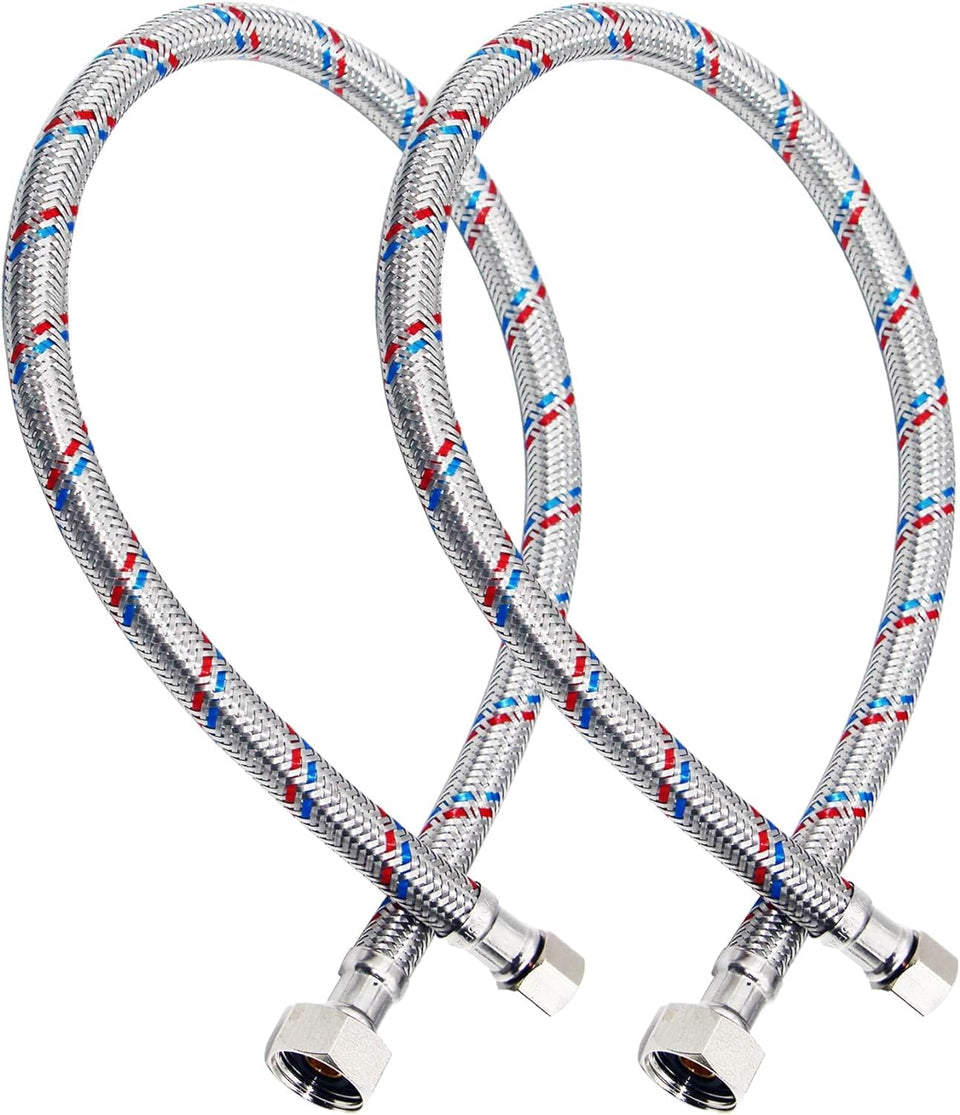 PLUMBINGMASTER 24inch faucet hose connector close-up showing braided stainless steel durability.