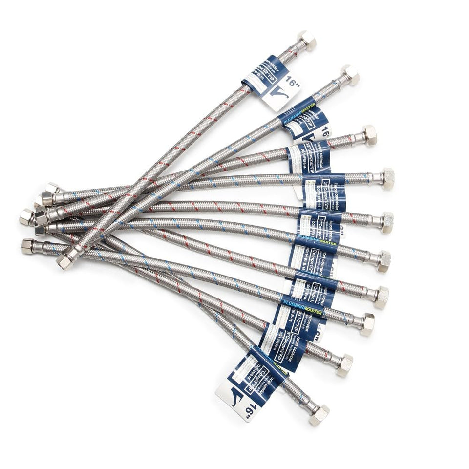 PLUMBINGMASTER faucet hose 16 inch pack with 3/8 compression and 1/2 FIP for universal compatibility