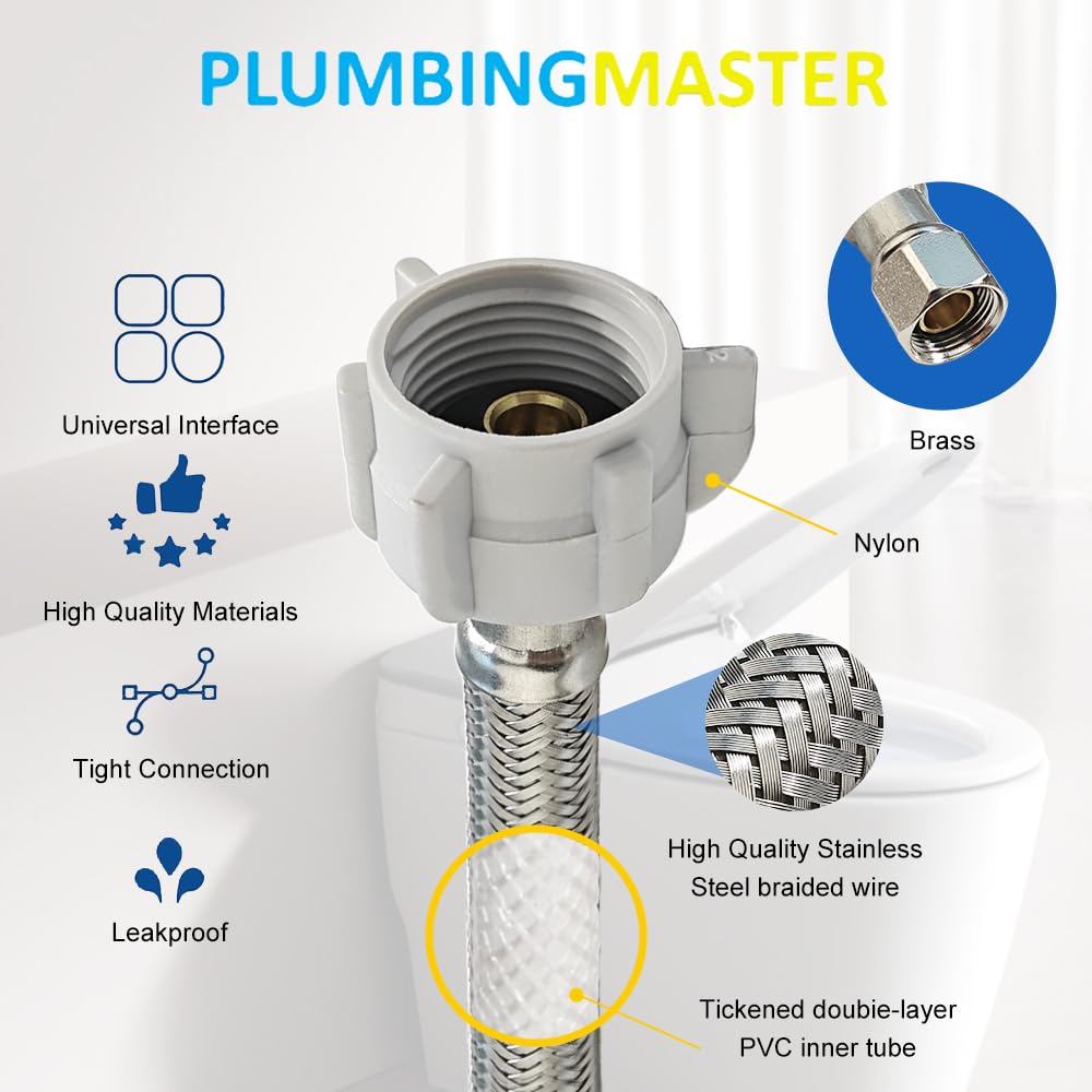 PLUMBINGMASTER stainless steel braid detail highlights strength and corrosion resistance.