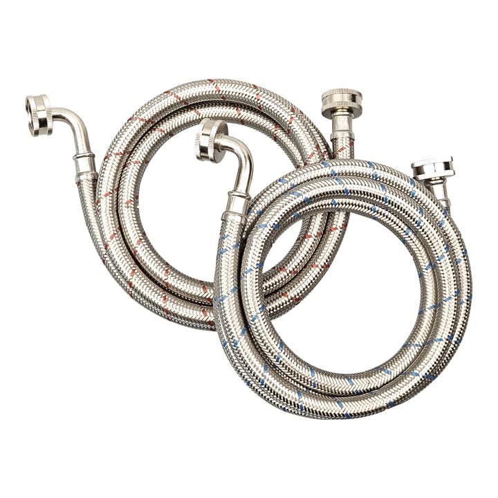 PLUMBINGMASTER red 90-degree elbow hose seals hot water connection securely.