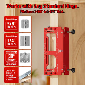 Plumking hinge jig mounted on door for clean mortise routing