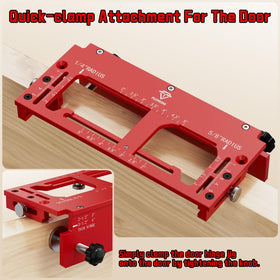 Plumking self-centering hinge bit used with jig for precise pilot holes