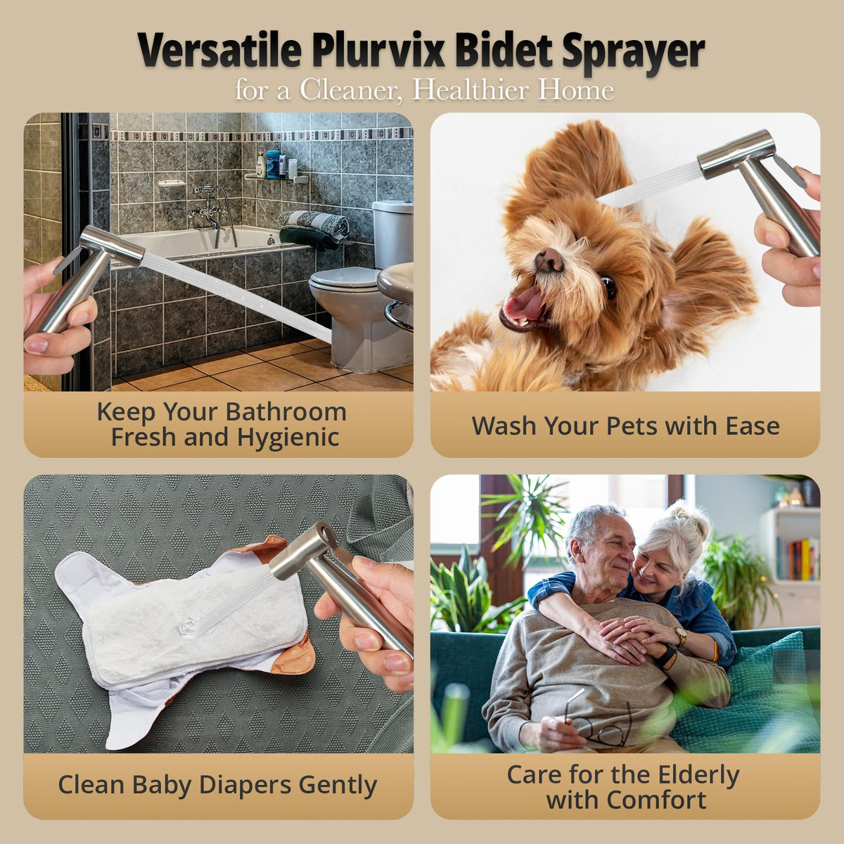 Plurvix bidet spray adjustable nozzle highlighting customizable water pressure for gentle to strong clean.