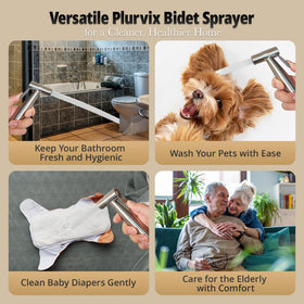 Plurvix bidet sprayer with adjustable pressure demonstrating gentle care and tougher cleaning tasks.