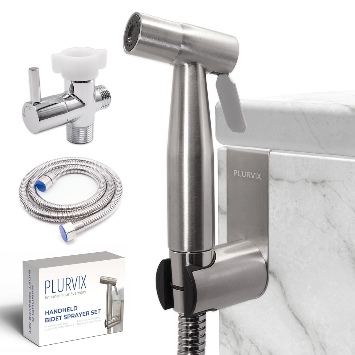 Plurvix bidet sprayer assembly shows durable stainless steel construction for long-lasting use.