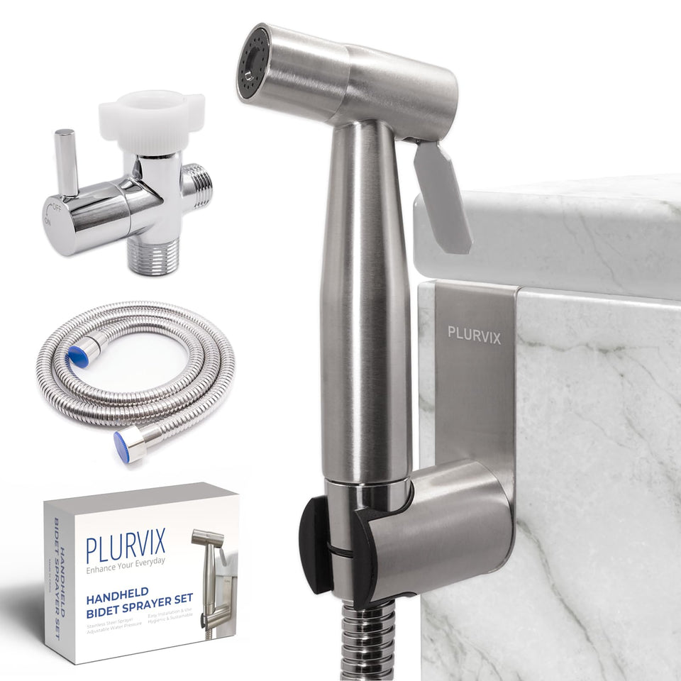 Plurvix bidet sprayer assembly shows durable stainless steel construction for long-lasting use.