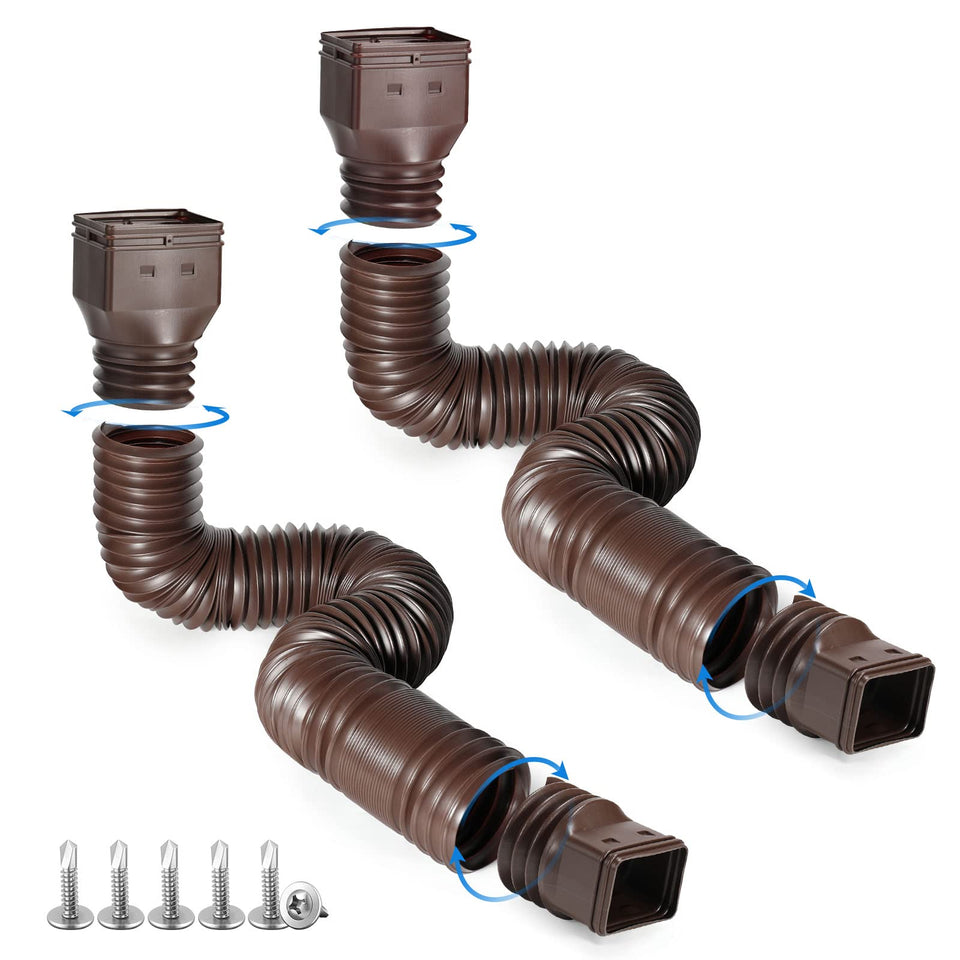 Plusgutter brown downspout extender with extendable reach from 21 to 68 inches, ideal for flexible drainage.