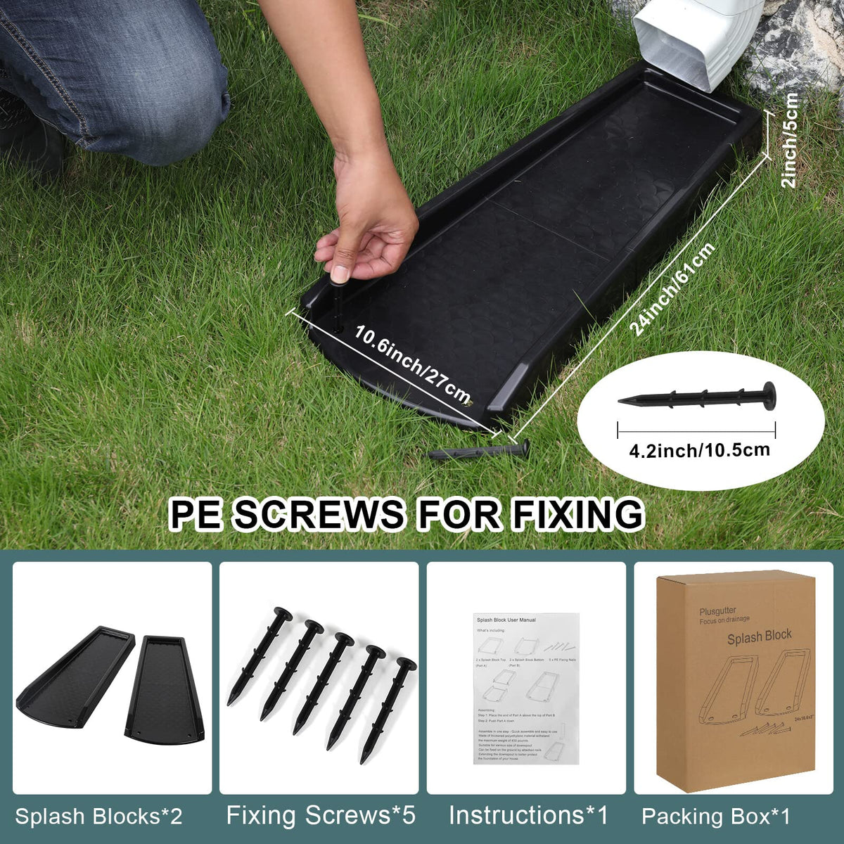 Black Plusgutter splash block blends with gutters for discreet drainage.