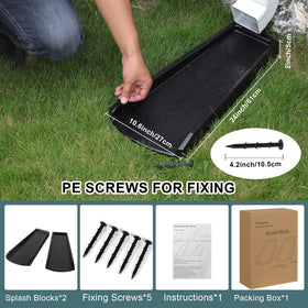 Black Plusgutter splash block blends with gutters for discreet drainage.