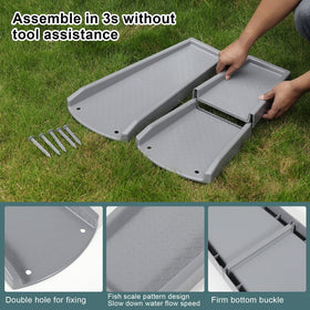Plusgutter fixable downspout block with ground nails for stability.