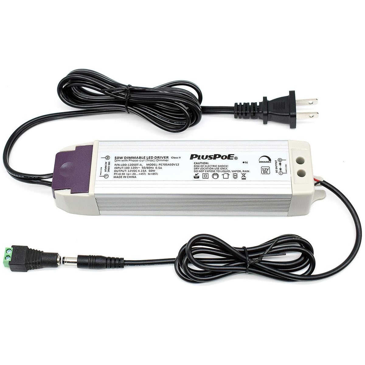 PLUSPOE LED strip 50W dimmable transformer powering smooth cabinet lighting.