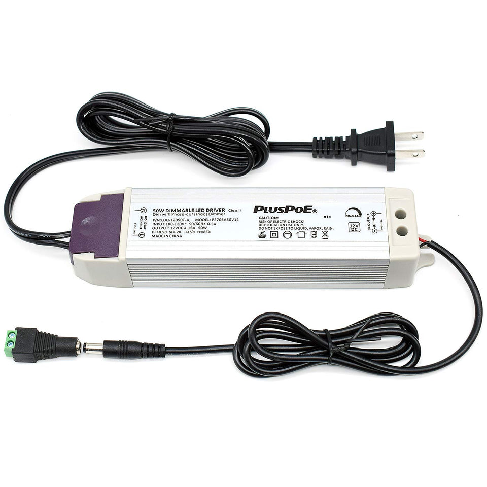 PLUSPOE LED strip 50W dimmable transformer powering smooth cabinet lighting.